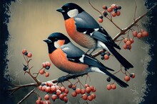 
Bullfinches On A Branch, Winter, Snow, Picture, Canvas Print, Wall Art, Vintage