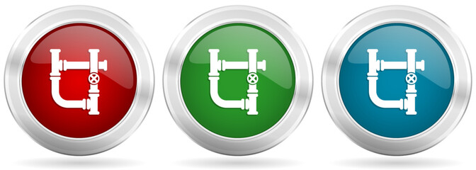 Aufkleber - Pipeline, tube, pipe and industrial vector icon set. Red, blue and green silver metallic web buttons with chrome border