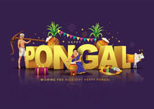 Tamil Nadu Festival Happy Pongal With Pongal Props, Holiday Background, Pongal Celebration Greeting Card, Vector Illustration Design..