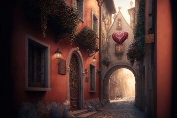 Sticker - a painting of a street with a heart shaped balloon in the sky above it and a cobblestone street.