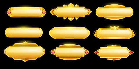 Game button set, fantasy royal RPG interface border, UI avatar text frame kit, golden yellow badge. Decoration shiny medieval collection, winner metal cartoon title label. Jewellery game button assets