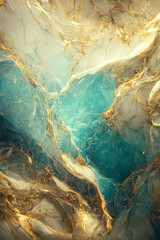 Abstract marble textured background. Fluid art modern wallpaper. Marbe gold and turquoise surface. AI