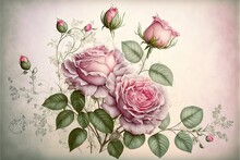 A Painting Of Three Pink Roses With Green Leaves On A Pink Background With A White Border And A Pink Rose.
