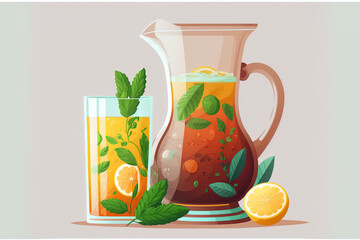 Wall Mural -  image in a flat cartoon style of a glass with a cocktail tube, a pitcher with lemonade or ice tea, and mint leaves isolated on a white backdrop. Generative AI