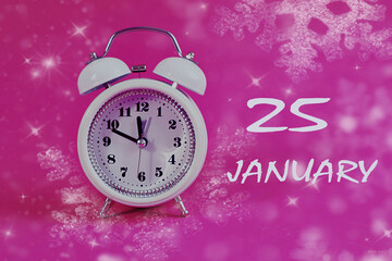 Calendar for January 25: a light alarm clock on a pastel background, numbers 25, the name of the month of January in English, bokeh