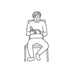Wall Mural - Man sitting on chair and reading book front view doodle illustration in vector. Adult boy sitting on chair and reading book hand drawn icon in vector.