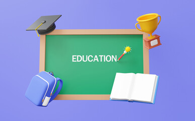 Poster - Blackboard with graduation cap schoolbag open book and trophy cup on pastel background. Back to school. idea pencil education training learning concept. university element. 3d render illustration