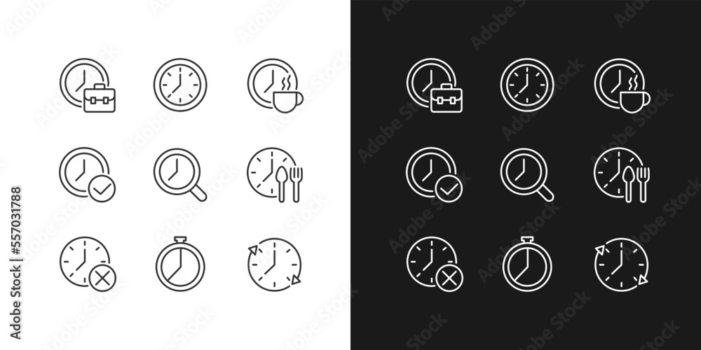 Timekeeping in daily life pixel perfect linear icons set for dark ...