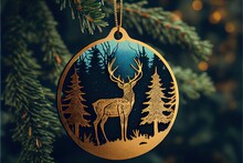 Deer In The Forest Trees For Wildlife Ornament. AI Generated Art Illustration.