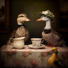 Two Ducks In The Fancy Café Drinking Tea. Generative AI Picture.