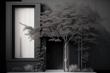 Canvas Print - A contemporary facade architectural piece in monotone. An example of a city residence with a dark front door, window, and various plants and trees. Generative AI