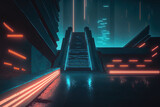 Fototapeta Perspektywa 3d - futuristic metropolis of neon and concrete that is abstract. View of the city at night, steps up, and lighting. Neon rays, an abstract landscape, and a dark roadway. Generative AI