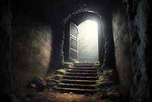 At The Foot Of The Ancient Stone Steps, A Dark, Unsettling Basement Door Is Open. Dark Shadows Are Cast On The Ground By The Brilliant Sun's Beams, Creating An Eerie, Abandoned Subterranean Area Under