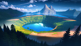Fototapeta Natura - A crater with a lake. A drawing of nature. The forest around the crater. Green meadows.