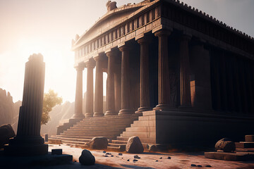 Abandoned Roman temple. Ancient temple with pillars ruins. Generative AI Roman column temple in the morning.