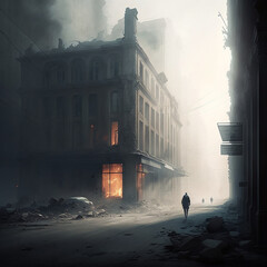 Fototapete - Lonely man walking in a burning building and on a foggy street.