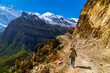 © MotionLoop - Female trekker walking along a footpath with a large mountain range with snowy peaks in the distance on the Annapurna Circuit trek