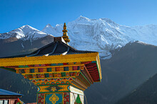 Colorful Temple Enterence Way By The Annapurna Mountain Range In The Distance, Nepal. Shot On A Sunny Fall Day