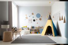 Interior Of Modern Children's Room With Stylish Furniture And Toys, Kids Play Room, Kids Bed Room, Children's Hut, Play Tent And Toys