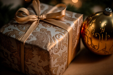 Wall Mural - Christmas gift boxes on bokeh background with ornaments and tree