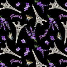 Pattern With Lavender And The Eiffel Tower.Vector Pattern With The Eiffel Tower, Lavender And Butterflies On A Black Background.