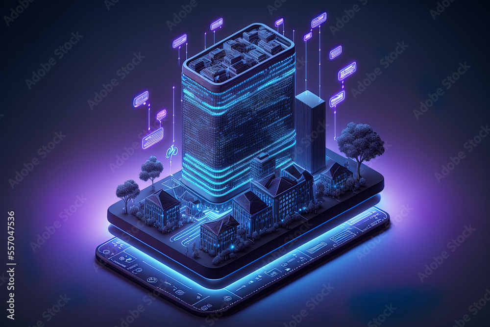 Intelligent building or smart city isometric idea. On the screen of a ...
