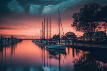 At Dusk, Boats Are At The Marina. Pastel Colored Sky Over Annapolis In The Chesapeake Bay In The United States Of America. Generative AI