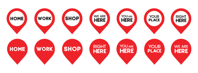 Poster - Red location pin icon set. You are here, we are here, shop, work, home pointer tag collection.