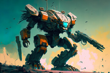 illustration of a futuristic transport war huge mecha robot constructed from the head, arms, legs, a
