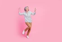 Full Length Photo Of Sweet Pretty Lady Wear Smart Casual Clothes Having Fun Dancing Empty Space Isolated Pink Color Background