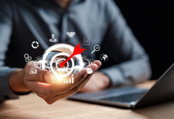 Leinwandbilder - Businessman using computer planning development leadership and customer target group with Business global internet connection technology and digital marketing, Financial and banking, Digital link tech