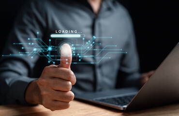 Poster - Futuristic digital processing of biometric identification fingerprint scanner. concept of surveillance and security scanning of digital programs cyber futuristic applications..