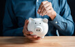 © Kiattisak - Man putting coin to white piggy bank for deposit banking of investment , retirement planning future saving, invest for profit and interest concept.
