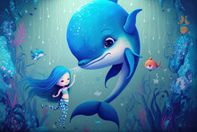 Cute Dolphin And Mermaid Cartoon On A Blue Backdrop. Generative AI