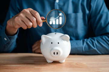 Poster - Businessman saving money in piggy bank goal achievement target. Funds and stock Investment profits. assets, wealth, lucrative. Purchase insurance and investing for retirement concept.