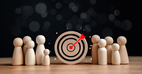 Aufkleber - target and goal concept, Wooden figures standing around dartboard and arrow for creative and set up business objective target goal, marketing solution, target for business investment.