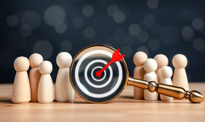Aufkleber - target and goal concept, Wooden figures standing around dartboard and arrow for creative and set up business objective target goal, marketing solution, target for business investment.