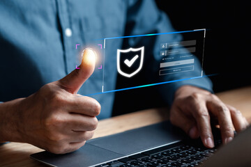 Poster - Cybersecurity and privacy concepts to protect data. Lock icon and internet network security technology. Businessmen protecting personal data on laptops and virtual interfaces.