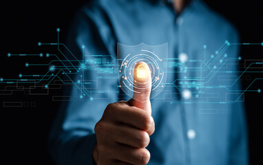 Poster - Futuristic digital processing of biometric identification fingerprint scanner. concept of surveillance and security scanning of digital programs cyber futuristic applications.
