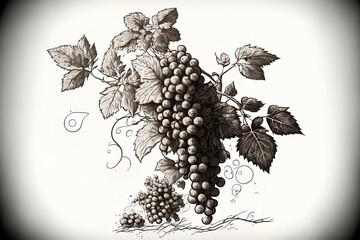 Poster - a sketchy drawing of a cluster of grapes. Fruit tree for making wine or nutritious meals. art that has been isolated on white. Generative AI