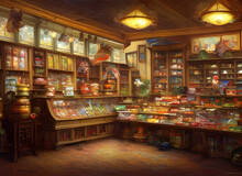 The Interior Of An Old Fashioned Confectionary Shop With Jars Of Sweets And Confectionaries On A Counter And On Shelves. Generative Ai Illustration.