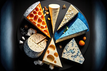 Cheese. Slices Of Brie, Blue, Gorgonzola, Parmesan, And Maasdam Cheese Are Displayed On Plates Against A Backdrop Of Black Stone. No Cost Copy Space Looking Up. Generative AI