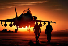 Silhouette Of Military Aircraft And Several Pilots