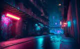Fototapeta Przestrzenne - Generative AI illustration of the futuristic city in the style of cyberpunk. Empty street with neon lights. Beautiful night cityscape.