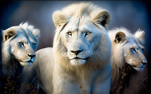 Lion King , Wildlife Animal. A Flock Of White Lions In The Savannah On A Hot Day. Digital Art	