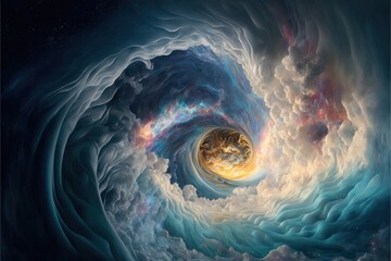  a painting of a spiral vortex with a gold and blue center surrounded by clouds and stars in the sky. Generative AI