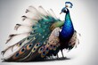  a peacock with feathers spread out on a white background with a gray background and a white background with a blue. generative ai