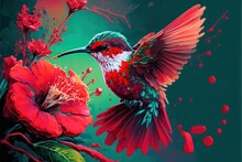  A Painting Of A Hummingbird And Flowers On A Green Background With Red Drops Of Paint On The Wings.