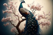  A Peacock Sitting On A Tree Branch With Pink Flowers In The Background And A Full Moon In The Sky. Generative AI