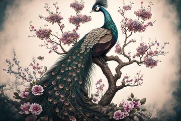 Canvas Print -  a peacock sitting on a tree branch with flowers in the background and a sky background with clouds in the background. Generative AI